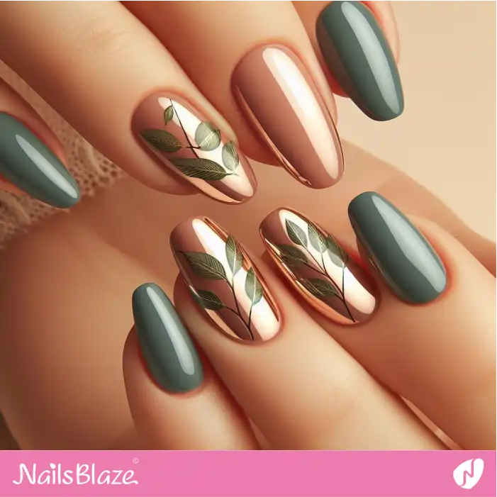 Olive Leaves Glossy Nails | Nature-inspired Nails - NB1603